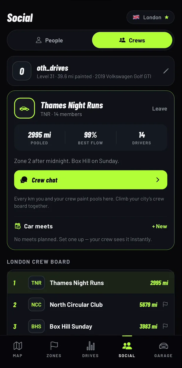 An OVERDRIVE crew page with pooled miles and a city crew board