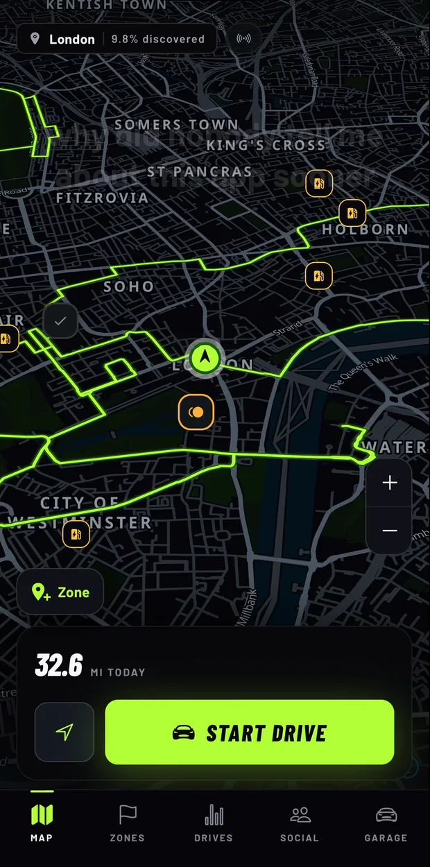 Central London in OVERDRIVE with driven roads painted lime on a dark map