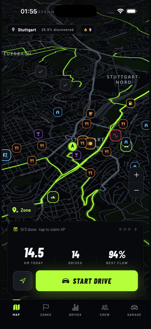 Painted roads across a dark city map