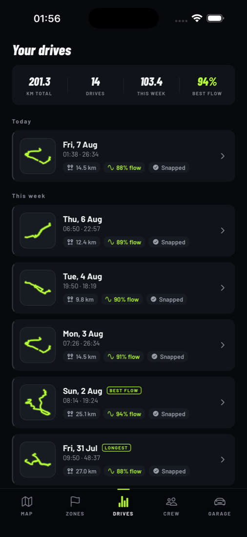 A list of recorded drives
