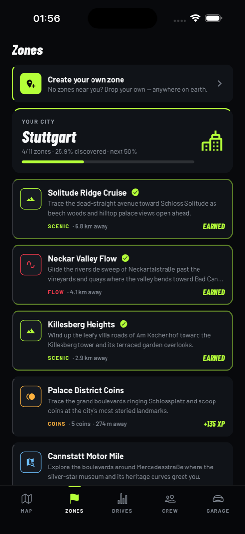 Curated driving zones nearby
