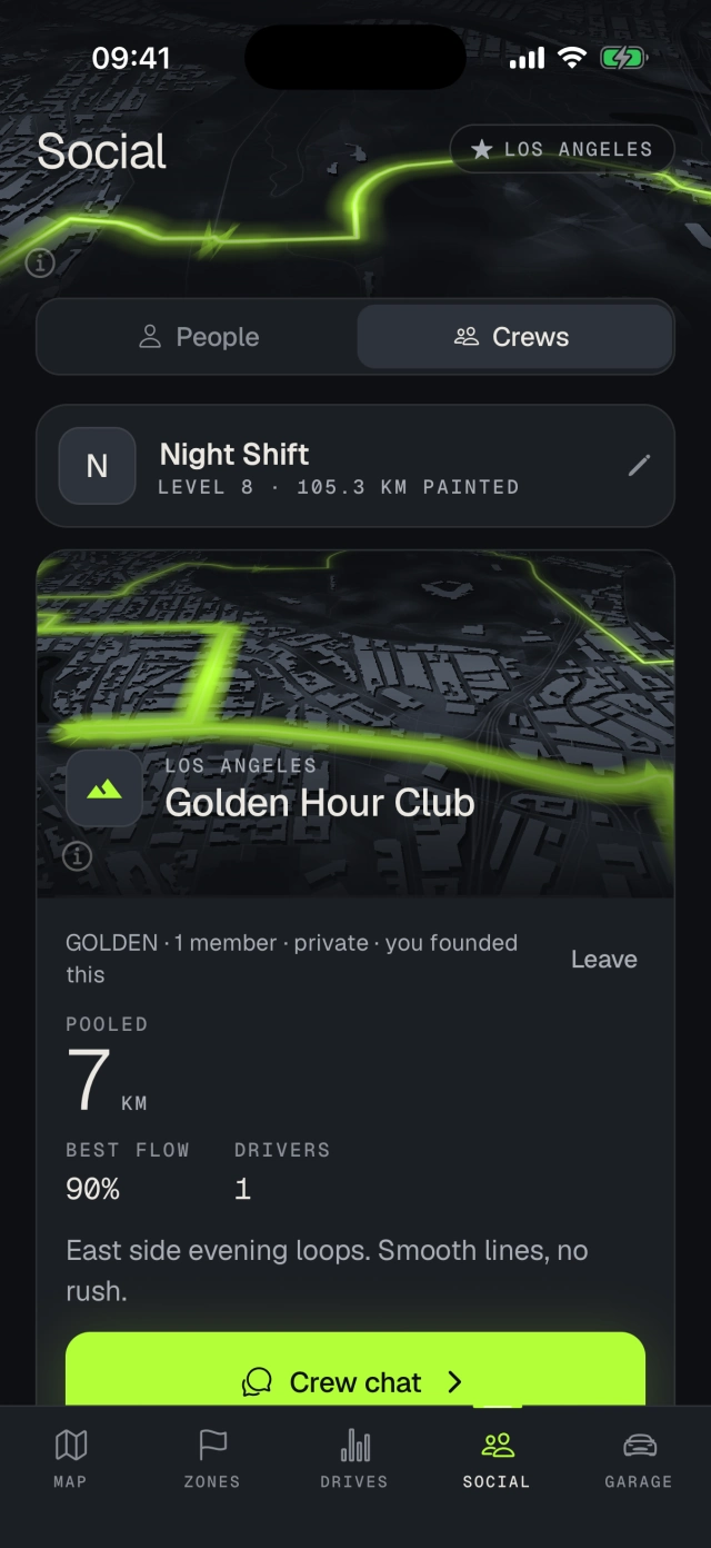 OVERDRIVE Social, Crews: Golden Hour Club, 7 km pooled, best flow 90%, Crew chat