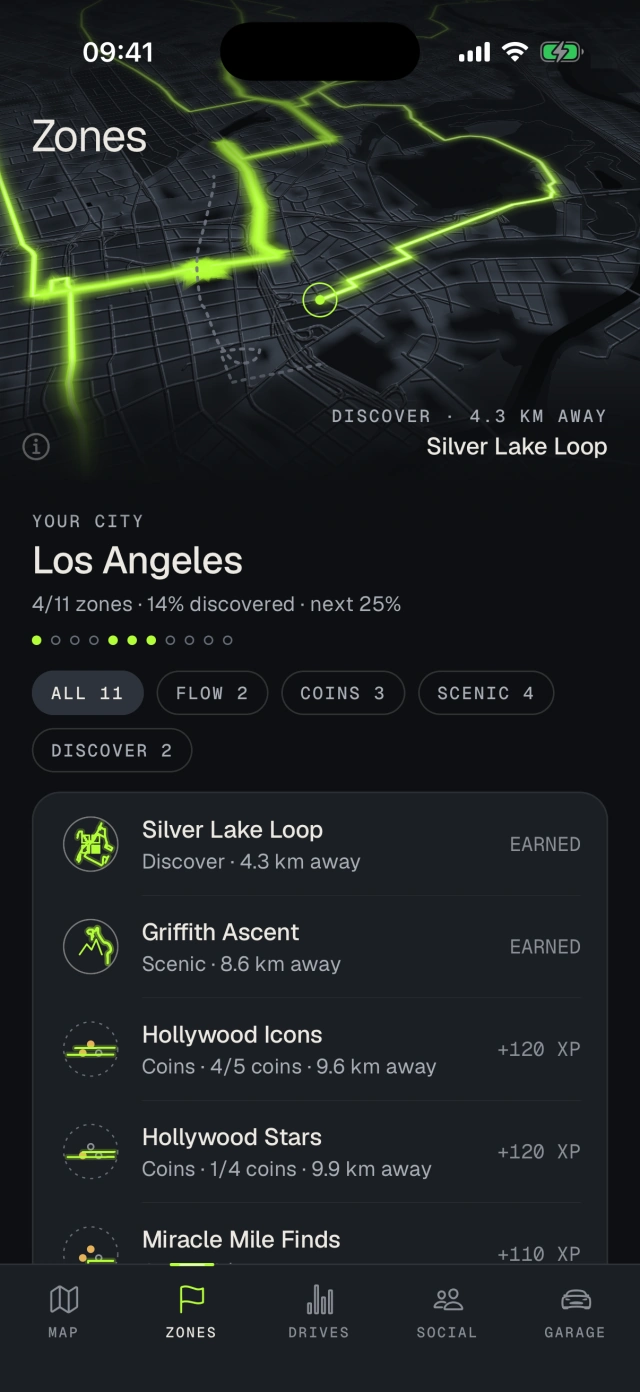 OVERDRIVE Zones tab: Los Angeles, 4 of 11 zones, Silver Lake Loop earned